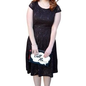 Ronni Nicole Black Lace Sheath
Cap Sleeves Knee Length Dress Sz 14